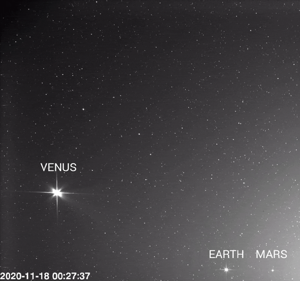 Vénus, la Terre et Mars vues le 18 novembre 2020 par Solar Orbiter. // Source : ESA/NASA/NRL/Solar Orbiter/SolOHI