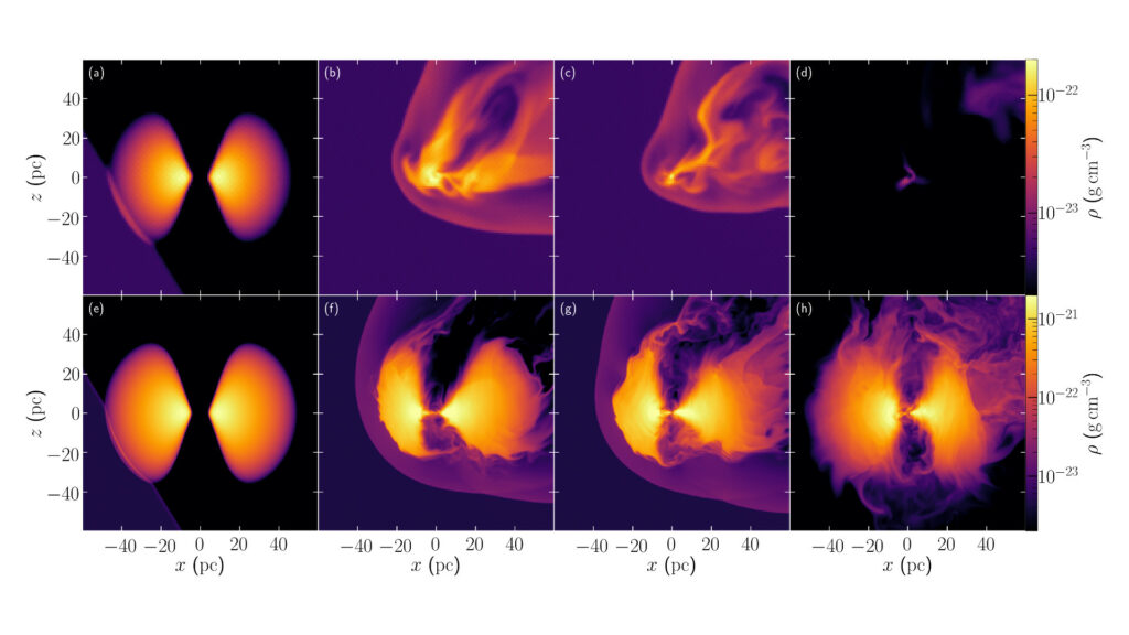 Simulations réalisées par les auteurs. En haut, la fusion réduit l'activité du noyau. En bas, la fusion l'accroit. // Source : 2021 Miki et al.