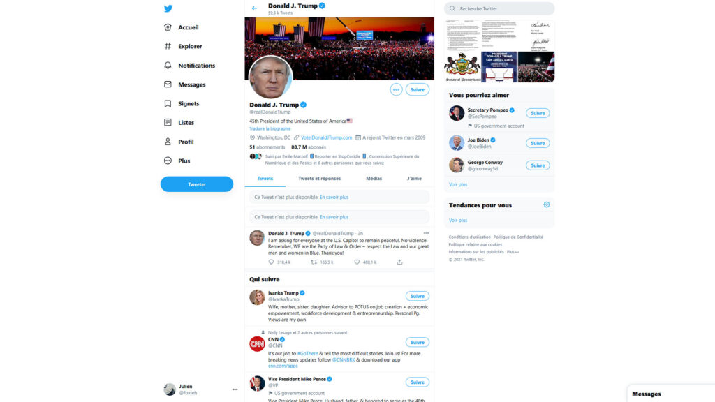 Invasion du Capitole : Twitter bride des tweets de Trump à cause d&rsquo;un « risque de violence »