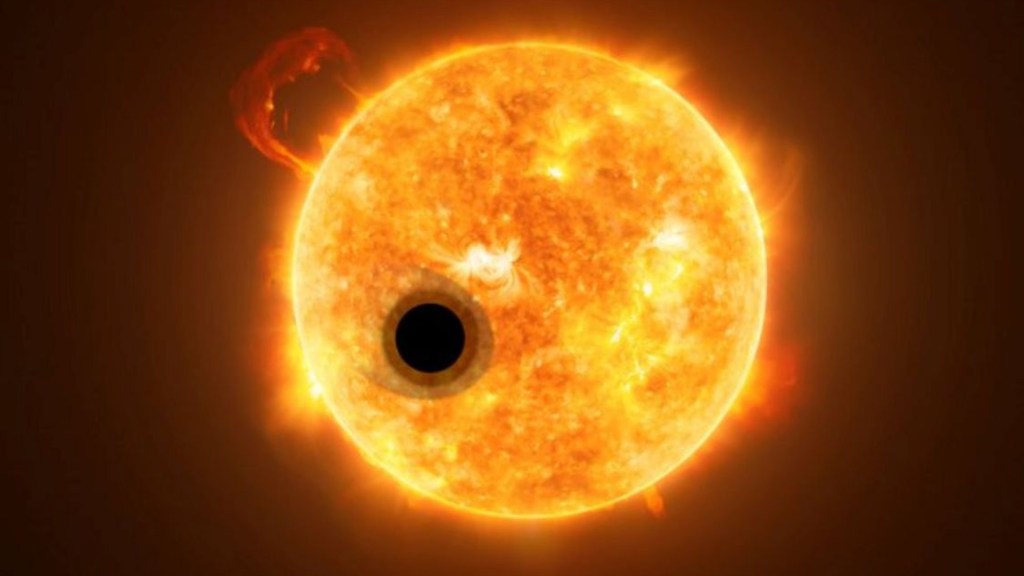 Vue d'artiste de WASP-107b passant devant son étoile. // Source : ESA/Hubble, NASA, M. Kornmesser (photo recadrée)