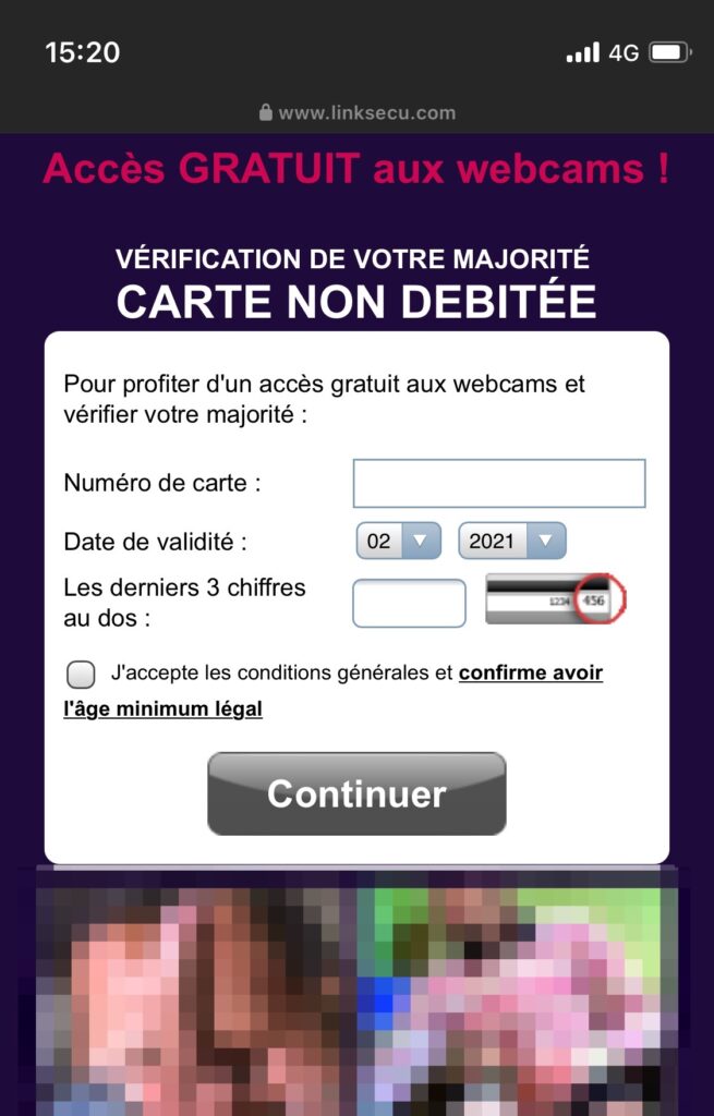 Capture d'écran d'un site porno qui demande nos coordonnées bancaires Capture d'écran d'un site porno qui demande nos coordonnées bancaires