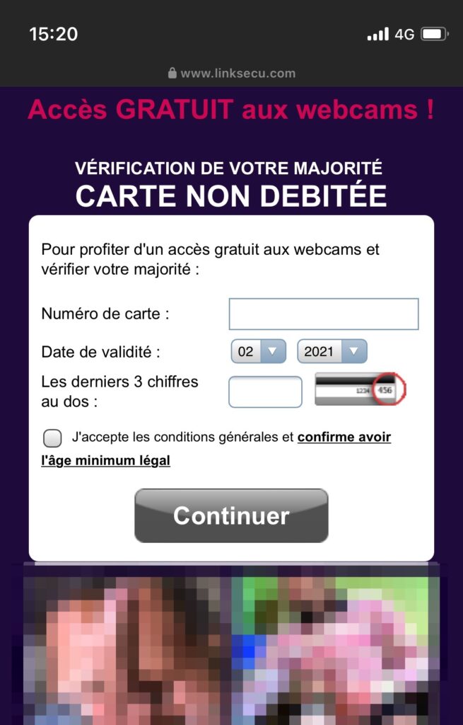 Capture d'écran d'un site porno qui demande nos coordonnées bancaires