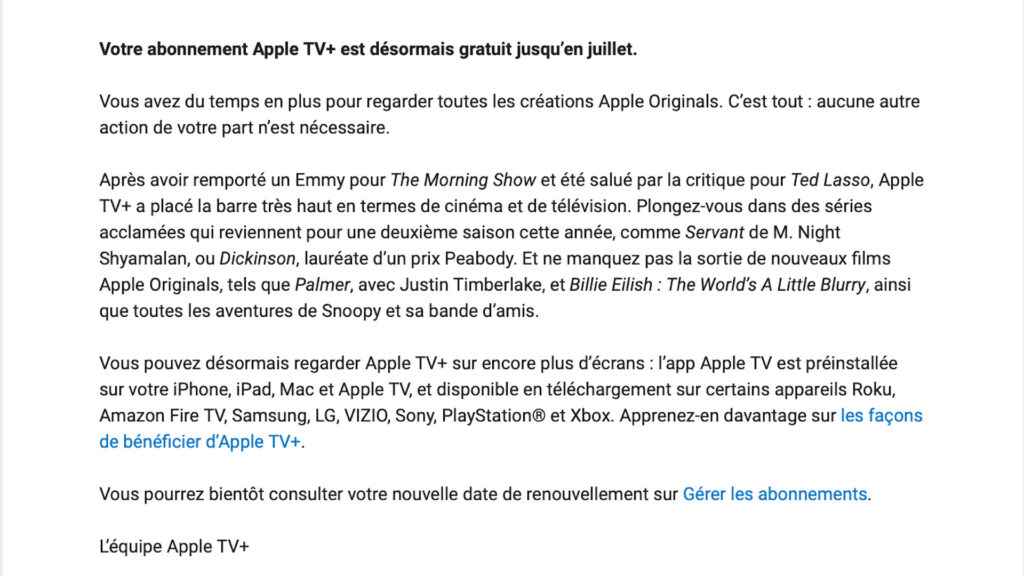 Apple TV+ : l'essai gratuit prolongé de quelques mois // Source : Capture d'écran Apple TV+ : l'essai gratuit prolongé de quelques mois // Source : Capture d'écran