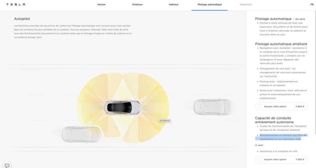 Nouvelles options Autopilot pour Tesla  // Source : Capture d'écran Tesla