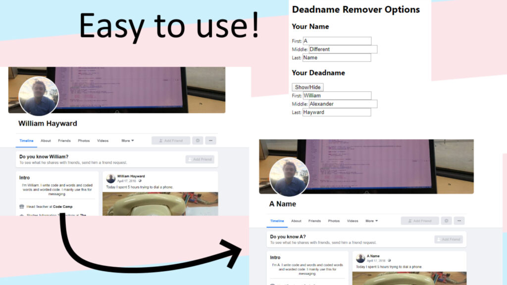 Extension Deadname Remover. // Source : Deadname Remover/Willow Hayward (image recadrée)