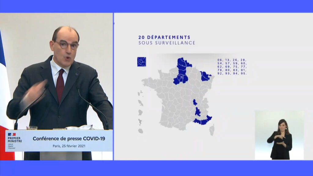 Liste des départements sous surveillance présentée par Jean Castex le 25 février. // Source : Capture d'écran YouTube Gouvernement