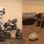 Vues d'artistes de Perseverance et InSight sur Mars. // Source : À gauche : CNES/VR2Planet, 2021 ; À droite : NASA/JPL Caltech, 2018 (montage Numerama)
