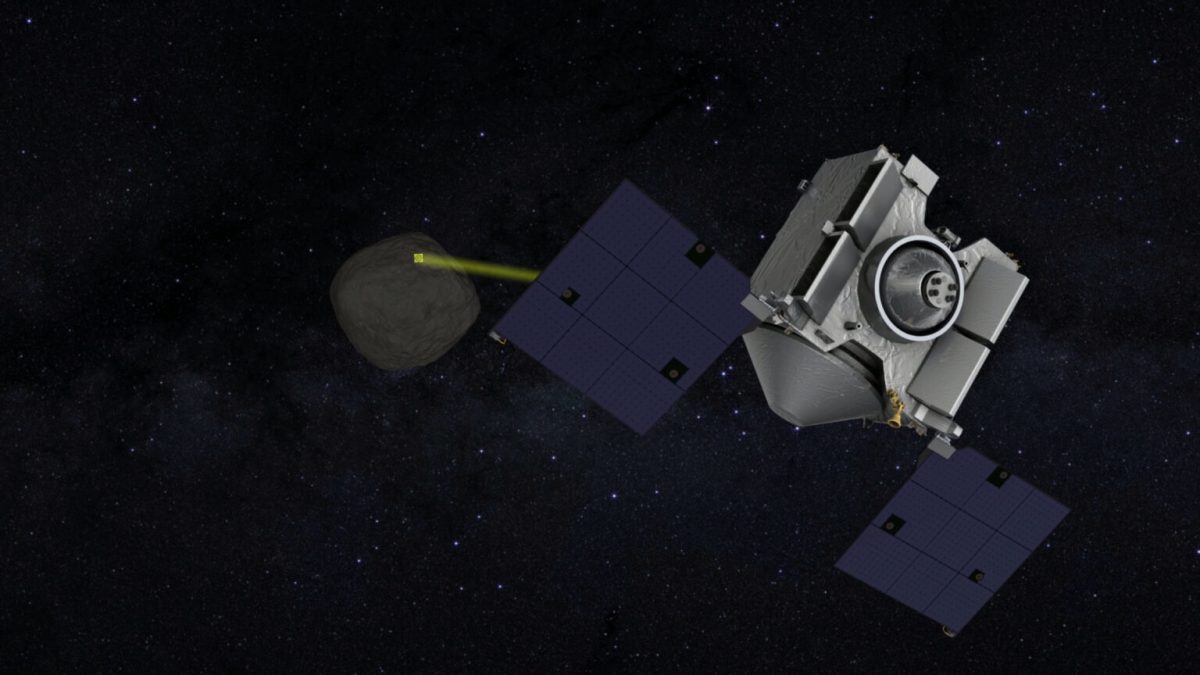 OSIRIS-REx et Bennu. // Source : Capture d'écran YouTube Nasa Goddard (image modifiée)