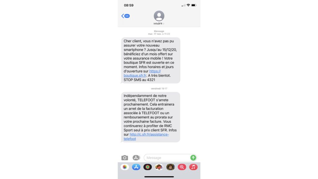 SMS envoyé par SFR pour la fin de la chaîne Téléfoot // Source : Maxime Claudel pour Numerama SMS envoyé par SFR pour la fin de la chaîne Téléfoot // Source : Maxime Claudel pour Numerama