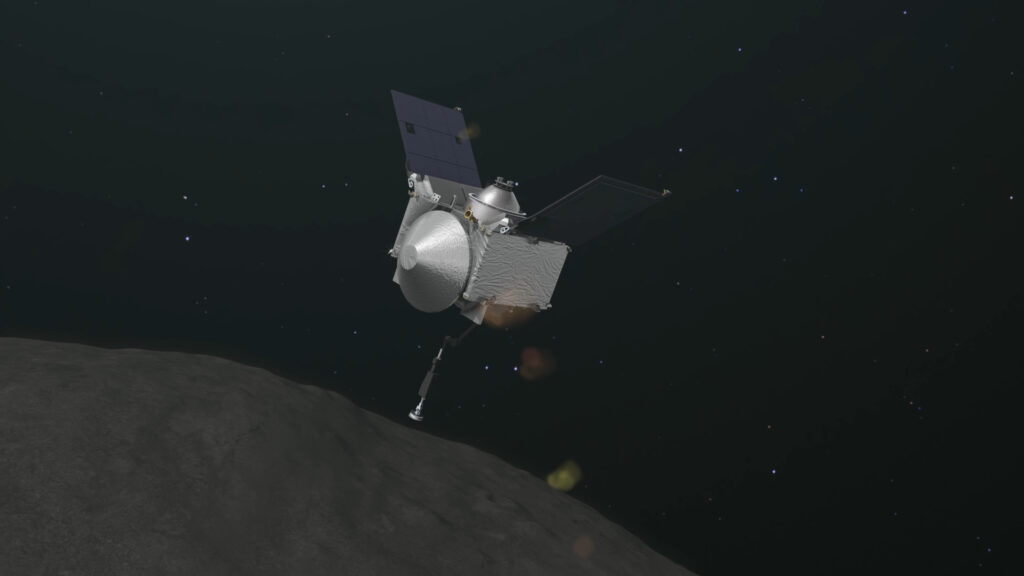 Vue de la mission OSIRIS-REx collectant l'échantillon sur Bennu. // Source : Capture d'écran YouTube Nasa Goddard
