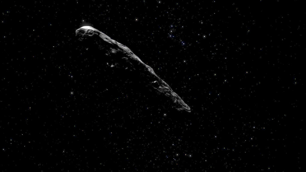 Les vues d'artistes d'Oumuamua ont contribué à sa popularité. // Source : ESO, M. Kornmesser, L.Calcada. Music: Mylonite - MRP (Mylonite Recordz Production) (image modifiée)
