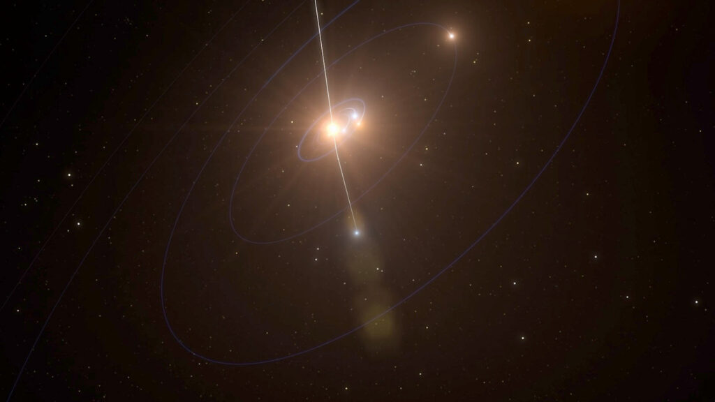 Représentation de la trajectoire d'Oumuamua lors de son passage dans le système solaire. // Source : ESO, M. Kornmesser, L.Calcada. Music: Mylonite - MRP (Mylonite Recordz Production) (image recadrée)