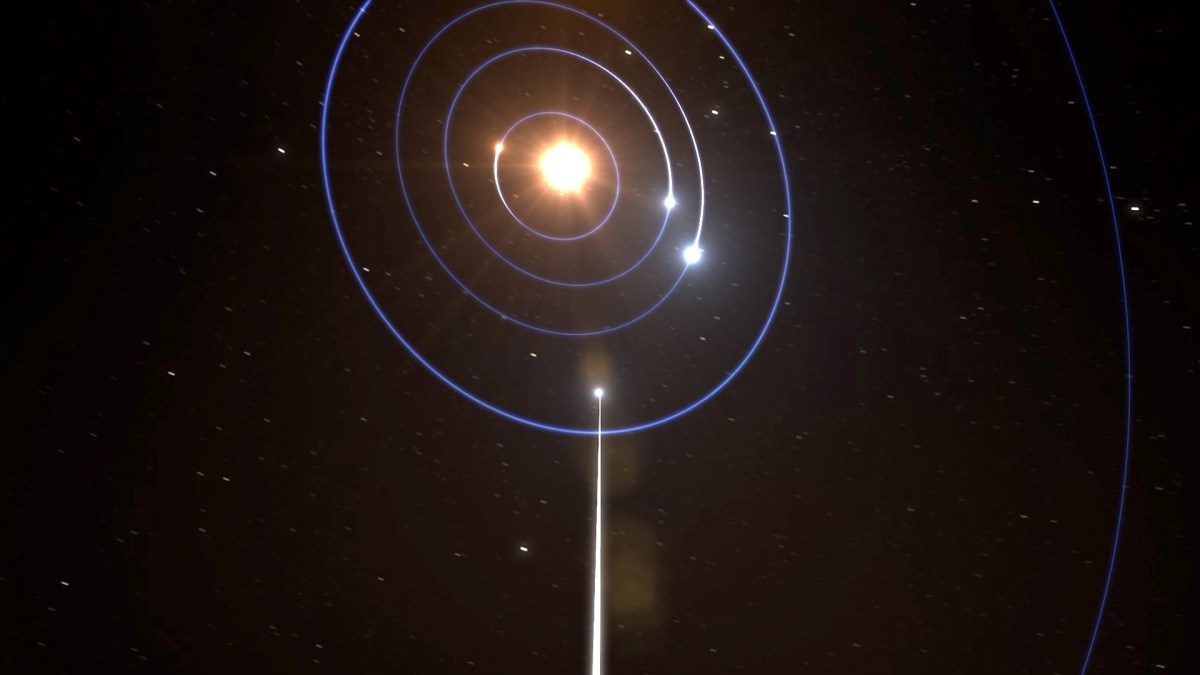 Représentation du passage d'Oumuamua dans le système solaire. // Source : ESO, M. Kornmesser, L.Calcada. Music: Mylonite - MRP (Mylonite Recordz Production) (image recadrée)