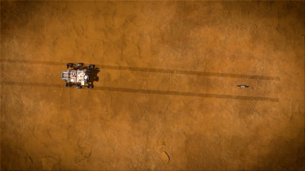 Perseverance déposant Ingenuity sur Mars, vue d'artiste. // Source : NASA/JPL-Caltech