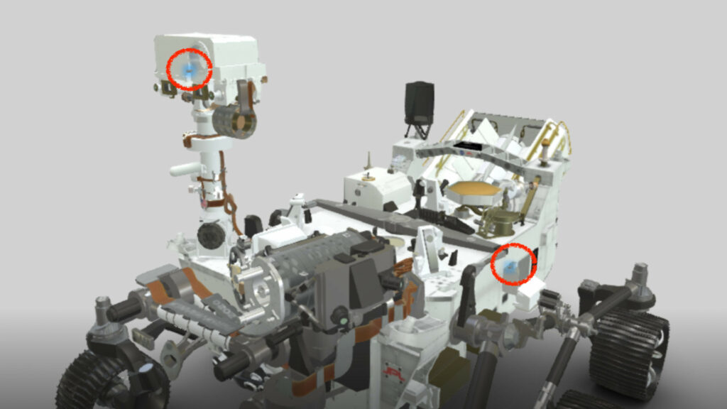 Position des deux microphones du rover. // Source : Capture d'écran Nasa, annotations Numerama