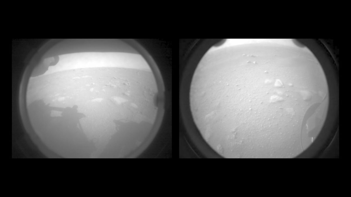 Les deux premières images envoyées par le rover Perseverance sur Mars. // Source : NASA/JPL-Caltech, montage Numerama