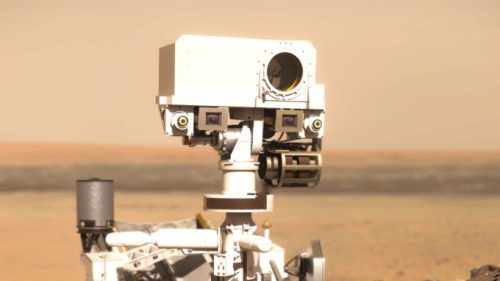 Représentation du rover Perseverance sur Mars. // Source : CNES/VR2Planet, 2021 (photo recadrée)