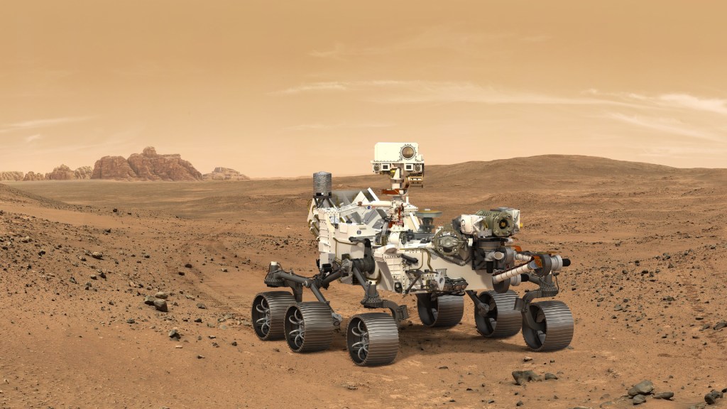 Vue d'artiste du rover Perseverance sur Mars. // Source : CNES/DUCROS David, 2021 (photo recadrée)