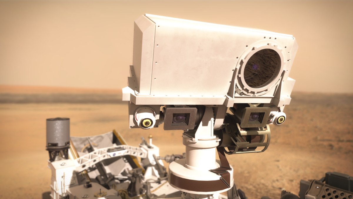 Gros plan sur l'instrument SuperCam du rover (illustration). // Source : CNES/VR2Planets, 2021