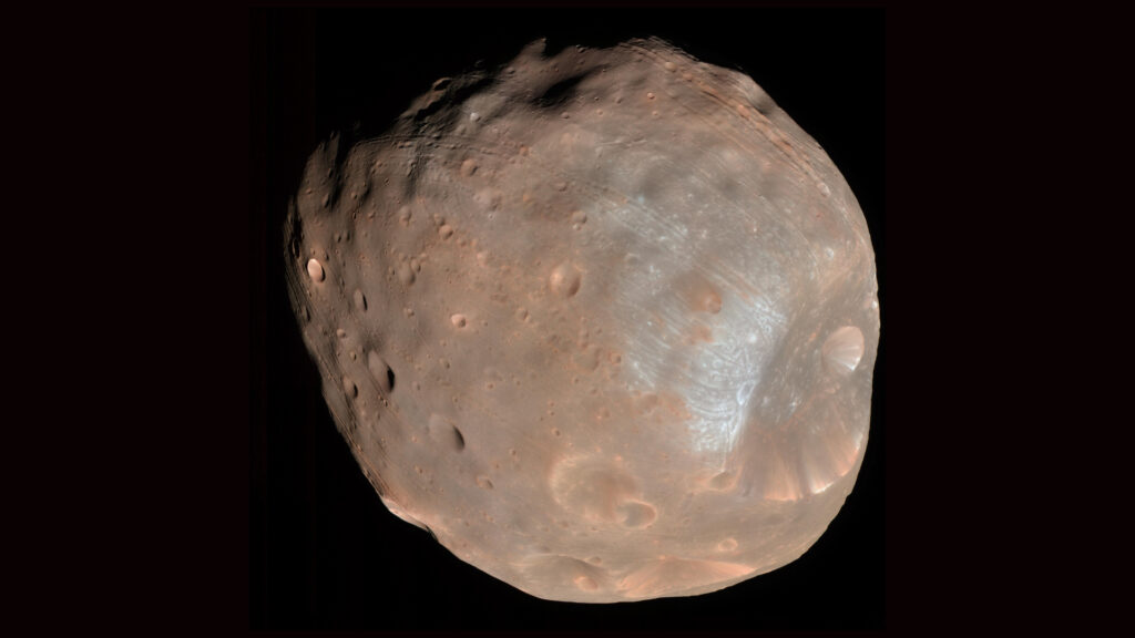 Fobos é uma das luas de Marte.  // Fonte: NASA/JPL-Caltech/Universidade do Arizona (a imagem foi cortada e modificada)
