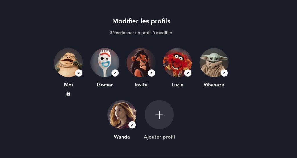 Des profils dans Disney+ // Source : Disney+ Des profils dans Disney+ // Source : Disney+