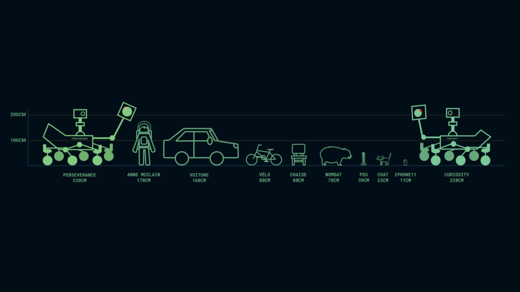 La taille de Curiosity et Perseverance comparée à celle d'autres objets et êtres vivants. // Source : Nino Barbey pour Numerama