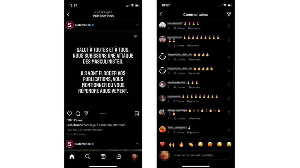 Le compte Instagram de Slate France a été inondé d'emojis médaille // Source : Capture d'écran Numerama