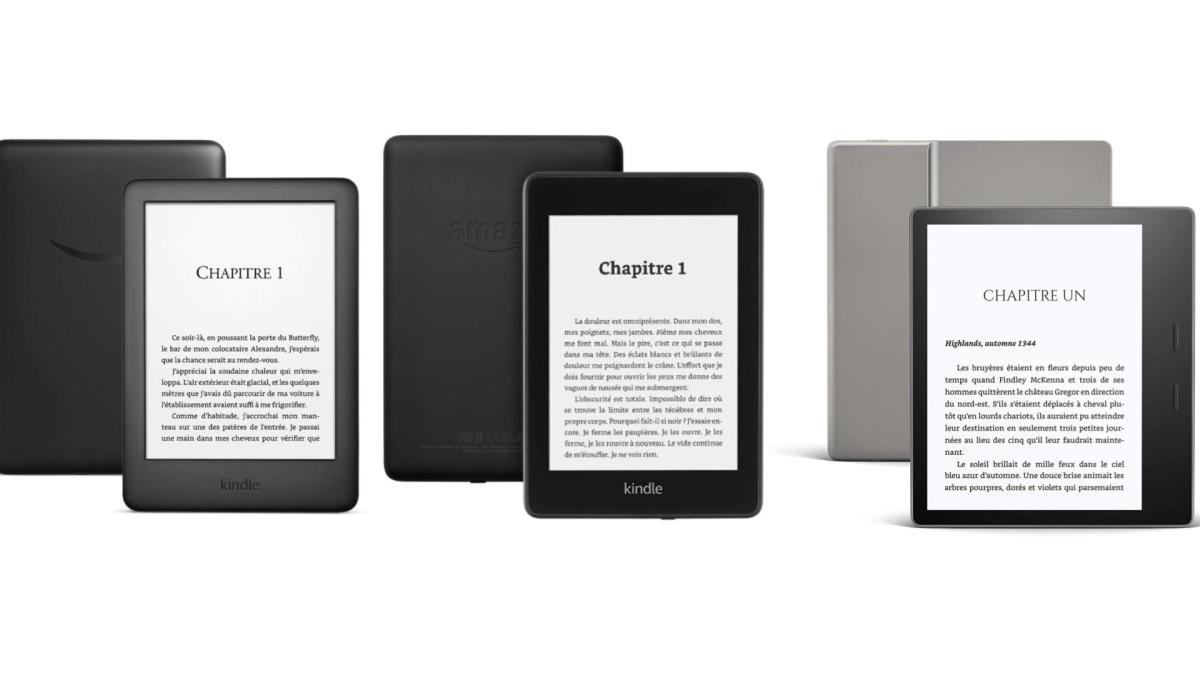 La Kindle classique, la Kindle Paperwhite et la Kindle Oasis d'Amazon.