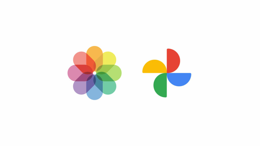 The Apple Photos logo on the left.  The Google Photos logo on the right.  // Source: Numerama