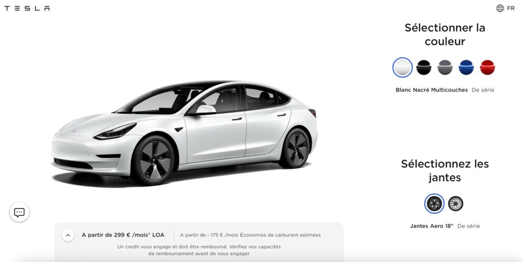 Configurateur Tesla Model 3 // Source : Capture d'écran Tesla Configurateur Tesla Model 3 // Source : Capture d'écran Tesla