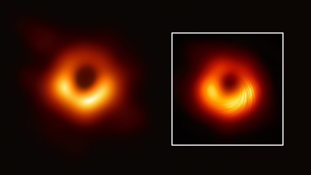 À gauche, l'image de M87* présentée en 2019. À droite, encadrée, la nouvelle image en lumière polarisée. // Source : Event Horizon Telescope, montage Numerama