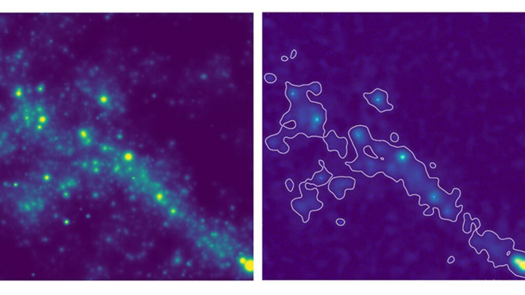 Simulation cosmologique, à partir des données obtenues avec l'instrument Muse, d’un filament composé de centaines de milliers de petites galaxies. À gauche, l'image simule ce que l'on verrait "in situe", à droite, l'image perçue par Muse : on voit que les galaxies se transforment en fond diffus ; mais le filament est bien visible. // Source : © Thibault Garel et Roland Bacon