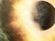 Vue d'artiste de l'impact de Théia sur la Terre il y a plus de 4 milliards d'années. // Source : NASA/JPL-Caltech