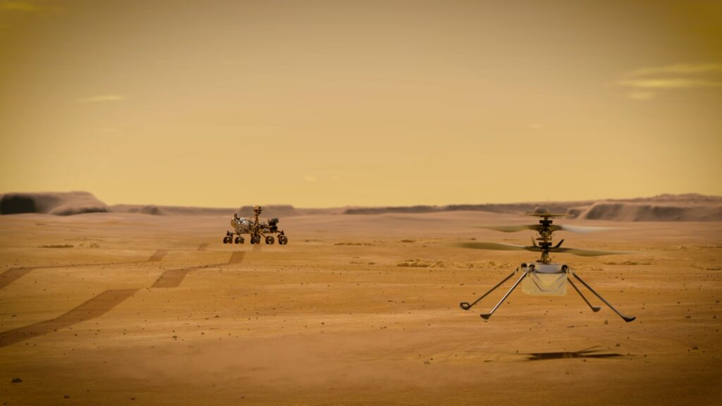 Perseverance et Ingenuity sur Mars, illustration. // Source : NASA/JPL-Caltech