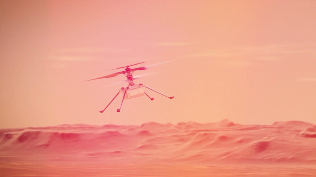 Ingenuity volant sur Mars, vue d'artiste (car, non, Mars n'est pas rose). // Source : NASA/JPL-Caltech