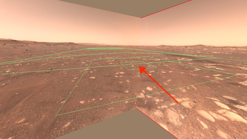 La zone où Perseverance posera Ingenuity sur Mars. // Source : NASA/JPL-Caltech (photo recadrée et annotée)