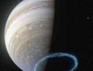Les lignes bleues représentent la vitesse des vents dans la stratosphère de Jupiter. // Source : ESO/L. Calçada & NASA/JPL-Caltech/SwRI/MSSS