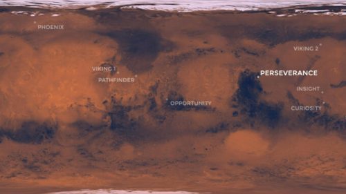 Carte de Mars et des divers sites d'atterrissage. // Source : NASA/JPL-Caltech (image recadrée)
