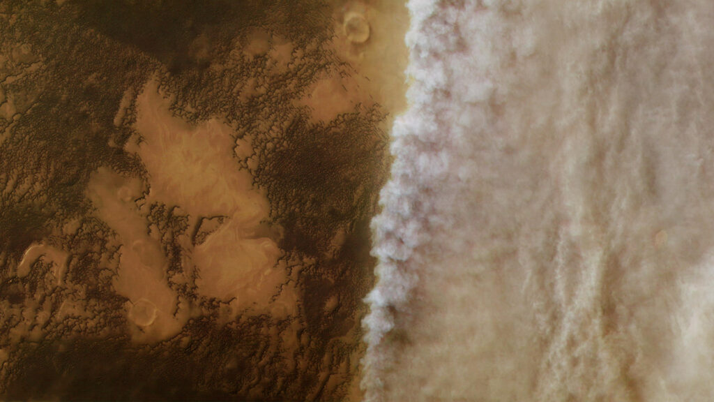 Tempête de poussière martienne photographiée par Mars Express. // Source : Flickr/CC/European Space Agency (photo recadrée)