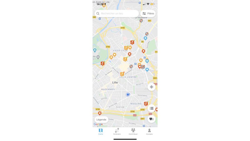 Les bornes à Lille (source Chargemap) // Source : Capture d'écran Les bornes à Lille (source Chargemap) // Source : Capture d'écran