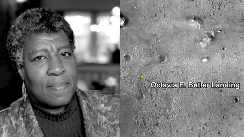 Le site d'atterrissage de Perseverance a été nommé en hommage à Octavia Butler. // Source : Nasa / Portrait d'Octavia Butler : Ching-Ming Cheung