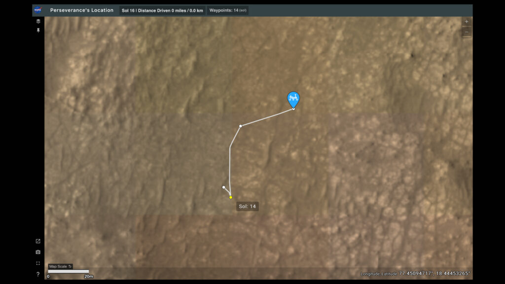 Déplacements du rover, à la date du 8 mars 2021. // Source : Capture d'écran Perseverance's Location