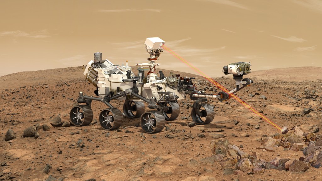 Illustration du rover Perseverance sur Mars, tirant sur la roche avec son laser. // Source : CNES/DUCROS David, 2021 (image recadrée)