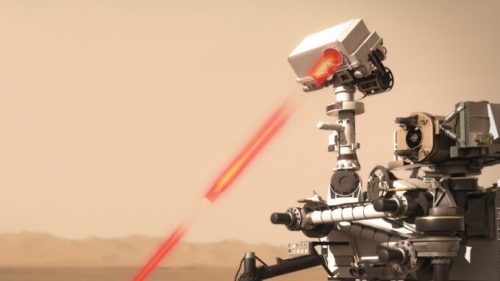 Vue d'artiste de Perseverance utilisant son laser sur Mars. // Source : CNES/VR2Planets, 2021 (image recadrée)