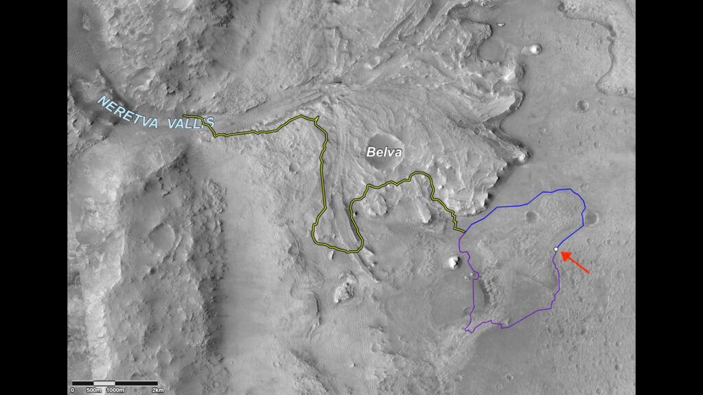 Les deux trajets possibles pour rejoindre le delta. Perseverance est représenté par le point blanc. // Source : NASA/JPL-Caltech/University of Arizona (annotation Numerama)