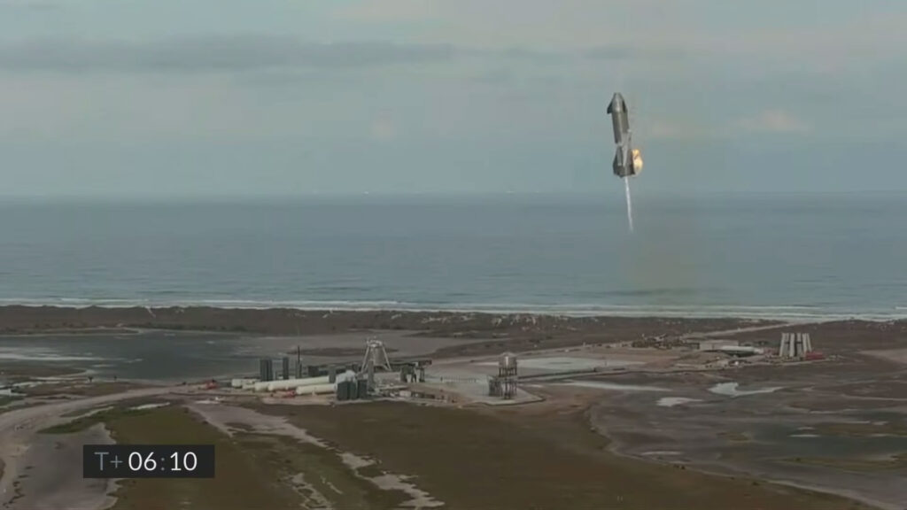Le vol du Starship SN10 de SpaceX // Source : Capture d'écran Numerama