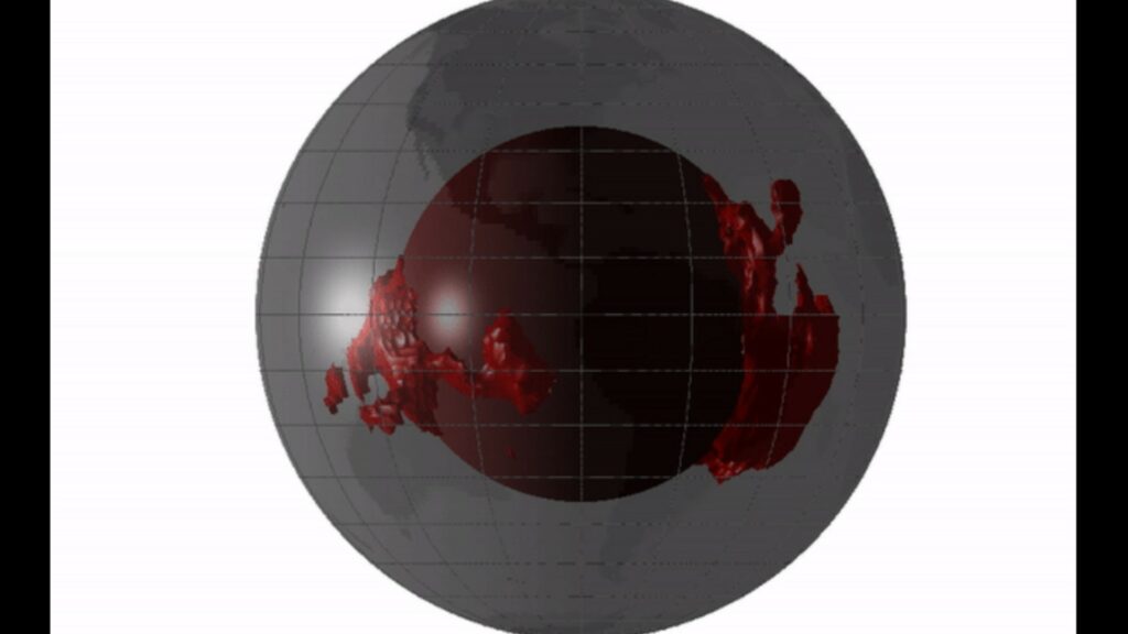 Les deux masses rouges sont les deux structures « superpanaches » au fond du manteau terrestre. // Source : Animation Sanne.cottaar / Wikicommons