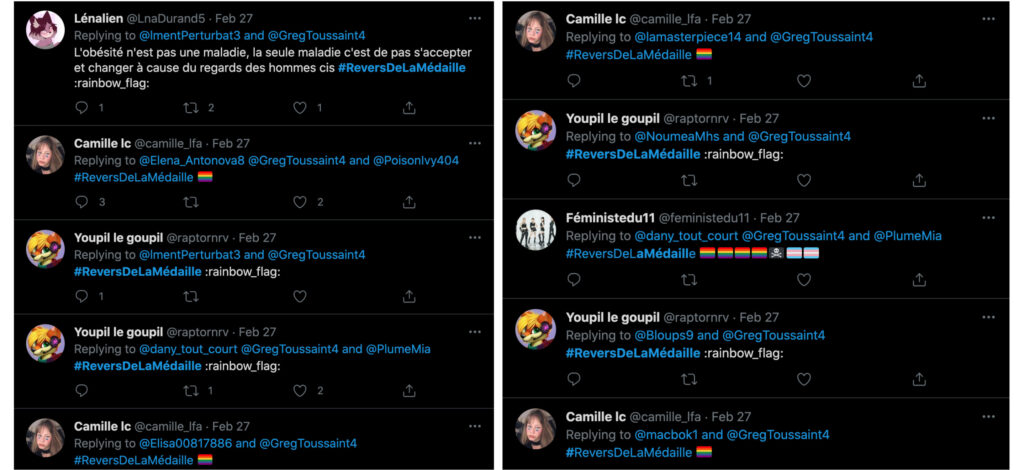 Des exemples de tweet avec le hashtag #ReversDeLaMedaille // Source : Capture d'écran Numerama / Twitter