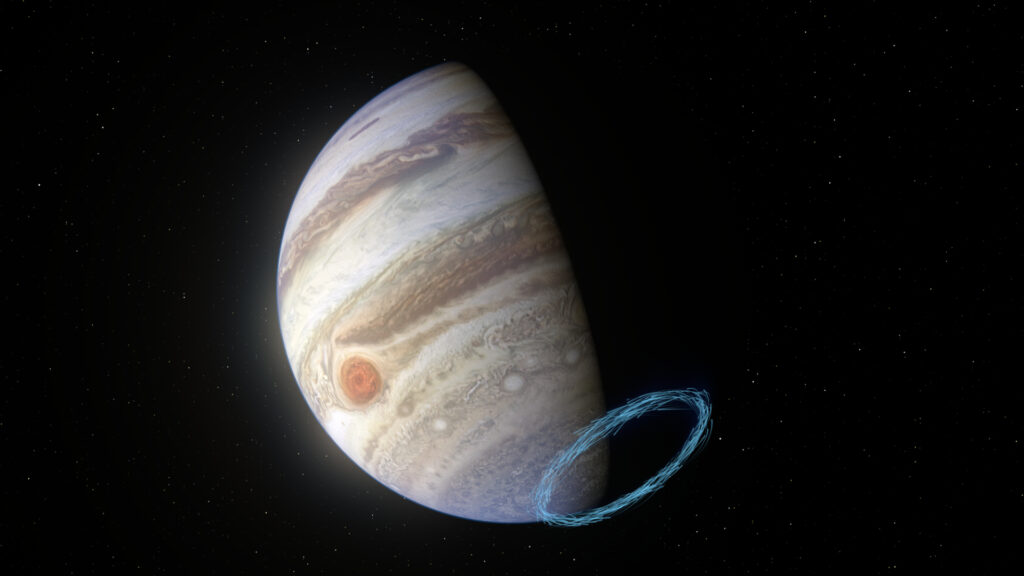 Vue d'artiste des vents dans la stratosphère de Jupiter. // Source : ESO/L. Calçada & NASA/JPL-Caltech/SwRI/MSSS (image recadrée)