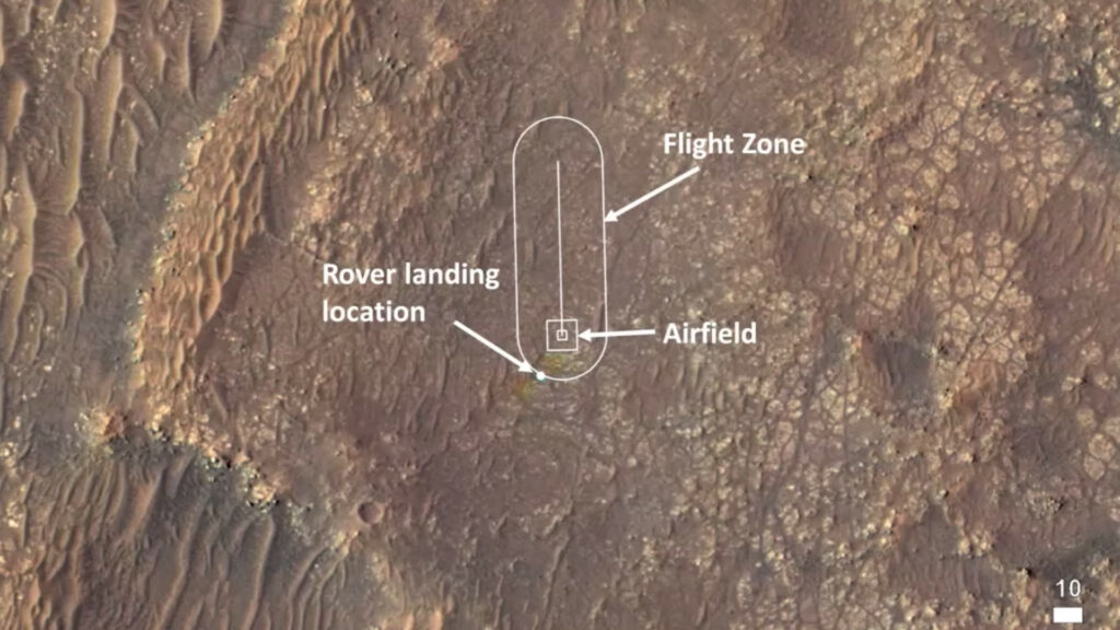 La zone du premier vol qui sera tenté par Ingenuity. // Source : Capture d'écran Nasa Jet Propulsion Laboratory